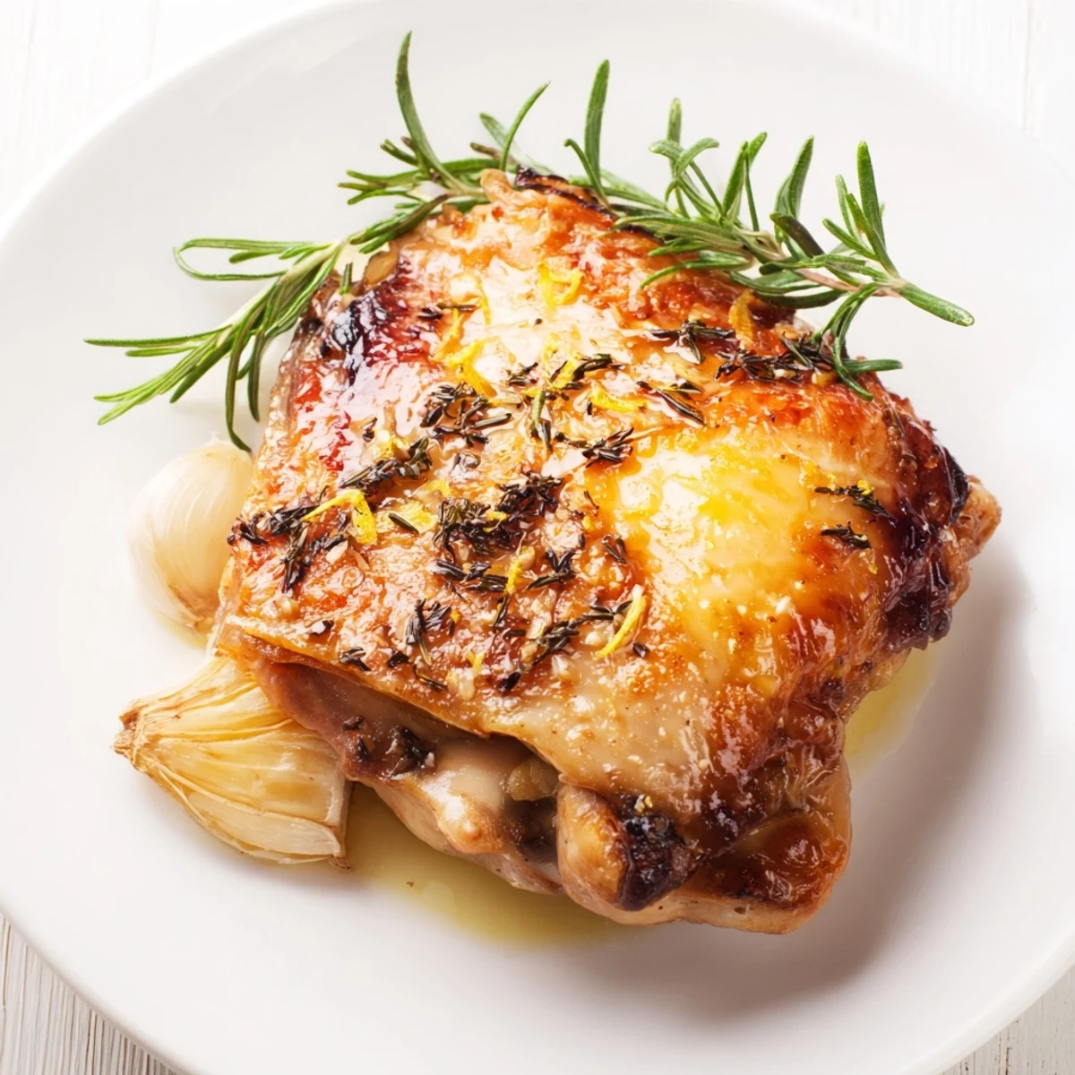 A beautifully roasted chicken with lemon and fresh herbs rests on a platter, its crispy golden skin glistening with pan juices and fresh thyme sprigs.