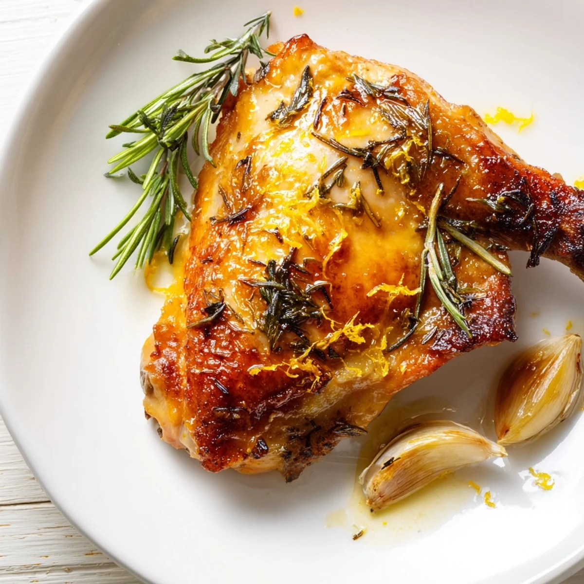 Perfectly roasted chicken with lemon and fresh herbs sits in a cast-iron skillet, surrounded by caramelized garlic cloves and fresh rosemary for a fragrant main dish.