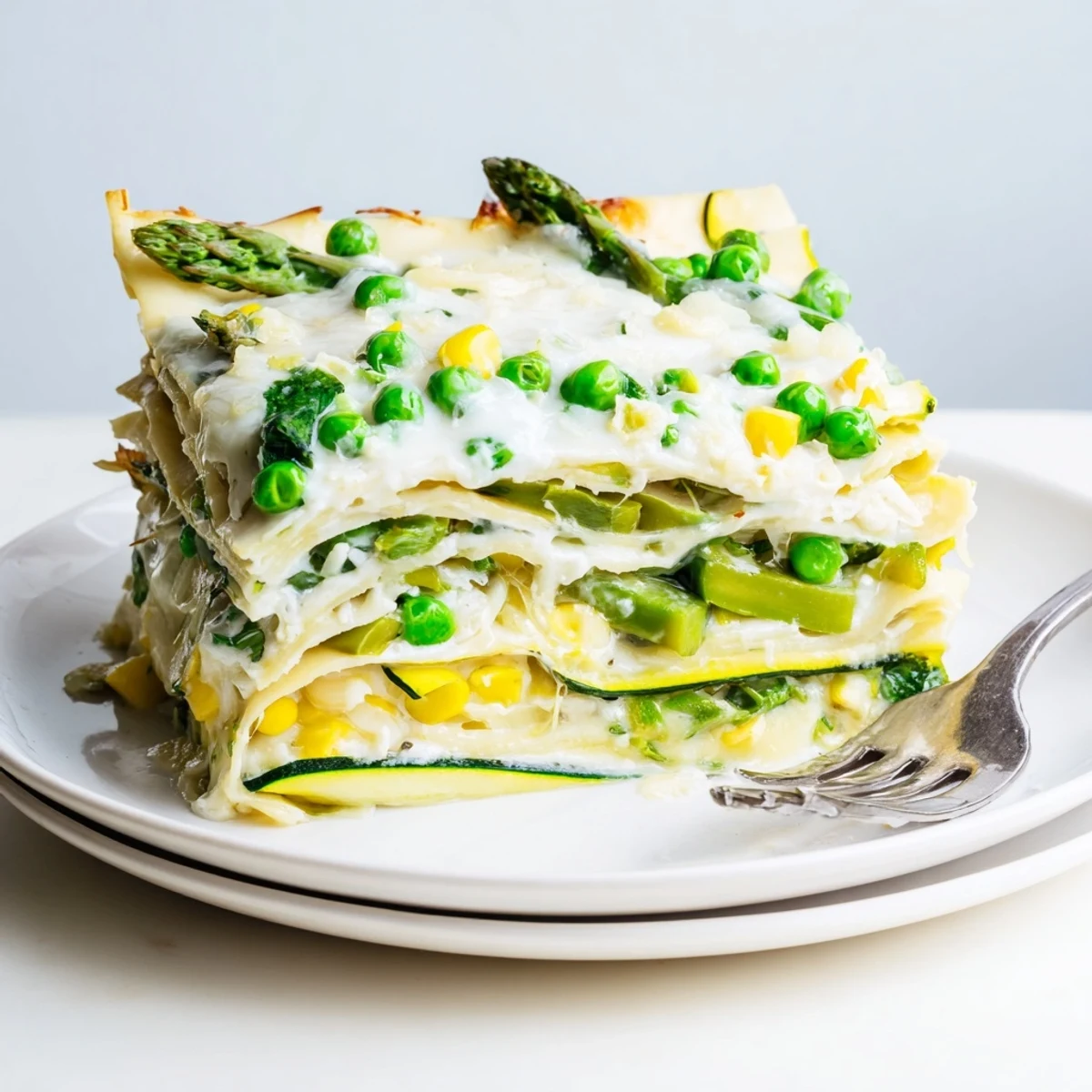 Golden baked Spring Vegetable Lasagna with Béchamel, bubbling with cheese and layered with vibrant zucchini and asparagus.