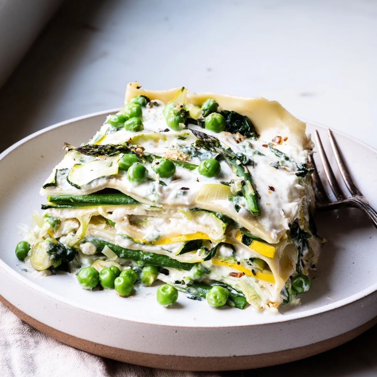 A close-up of a slice of Spring Vegetable Lasagna with Béchamel showing creamy white sauce and tender spring peas.