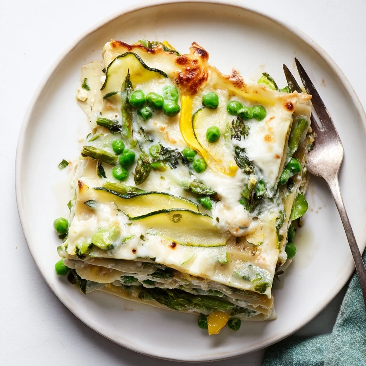 Overhead view of Spring Vegetable Lasagna with Béchamel topped with melted mozzarella, garnished with fresh basil leaves.