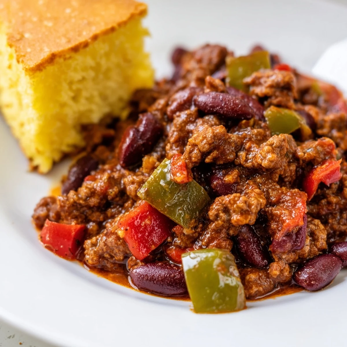 A hearty bowl of Beef and Bean Chili with Cornbread, featuring tender beef and beans alongside golden, fluffy cornbread.