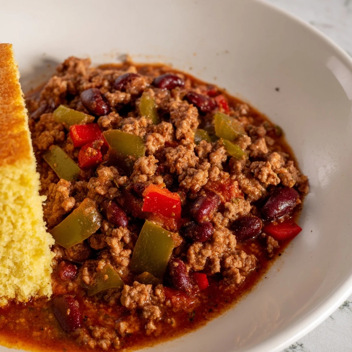 A spoon dives into savory Beef and Bean Chili with Cornbread, revealing a rich, thick texture with beans and beef.