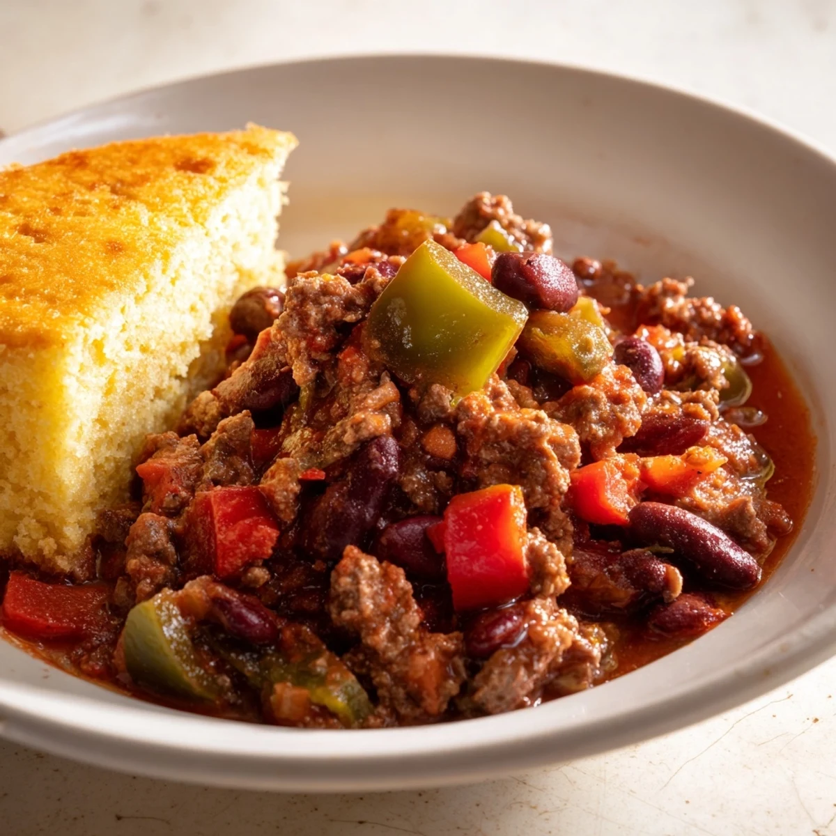 Beef and Bean Chili with Cornbread steaming in a rustic bowl, topped with cheddar and served with buttery cornbread slices.