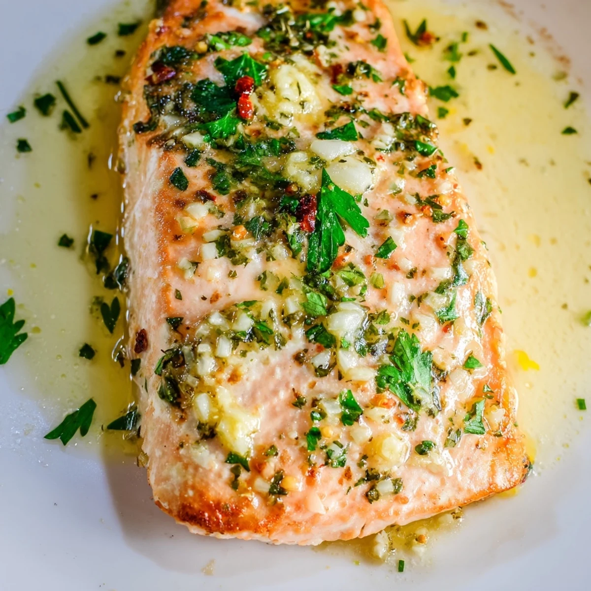 Golden-brown Lemon Garlic Butter Salmon Fillets resting in a gleaming skillet, glistening with buttery lemon sauce and fresh parsley.