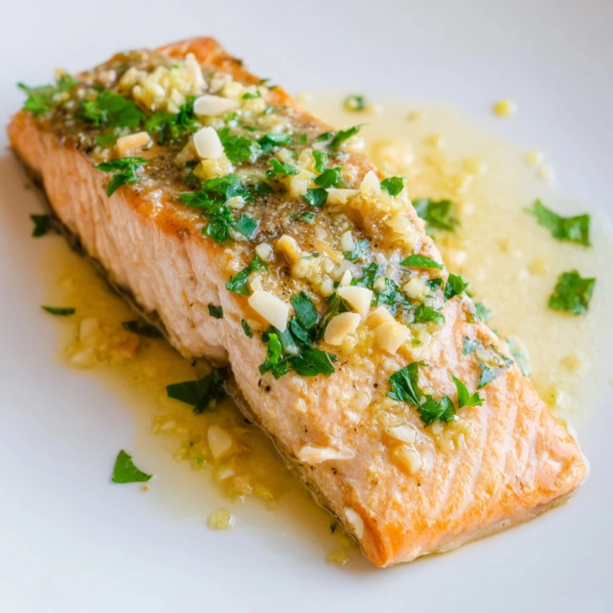 Overhead view of four Lemon Garlic Butter Salmon Fillets plated with steamed vegetables, ready to serve for dinner.