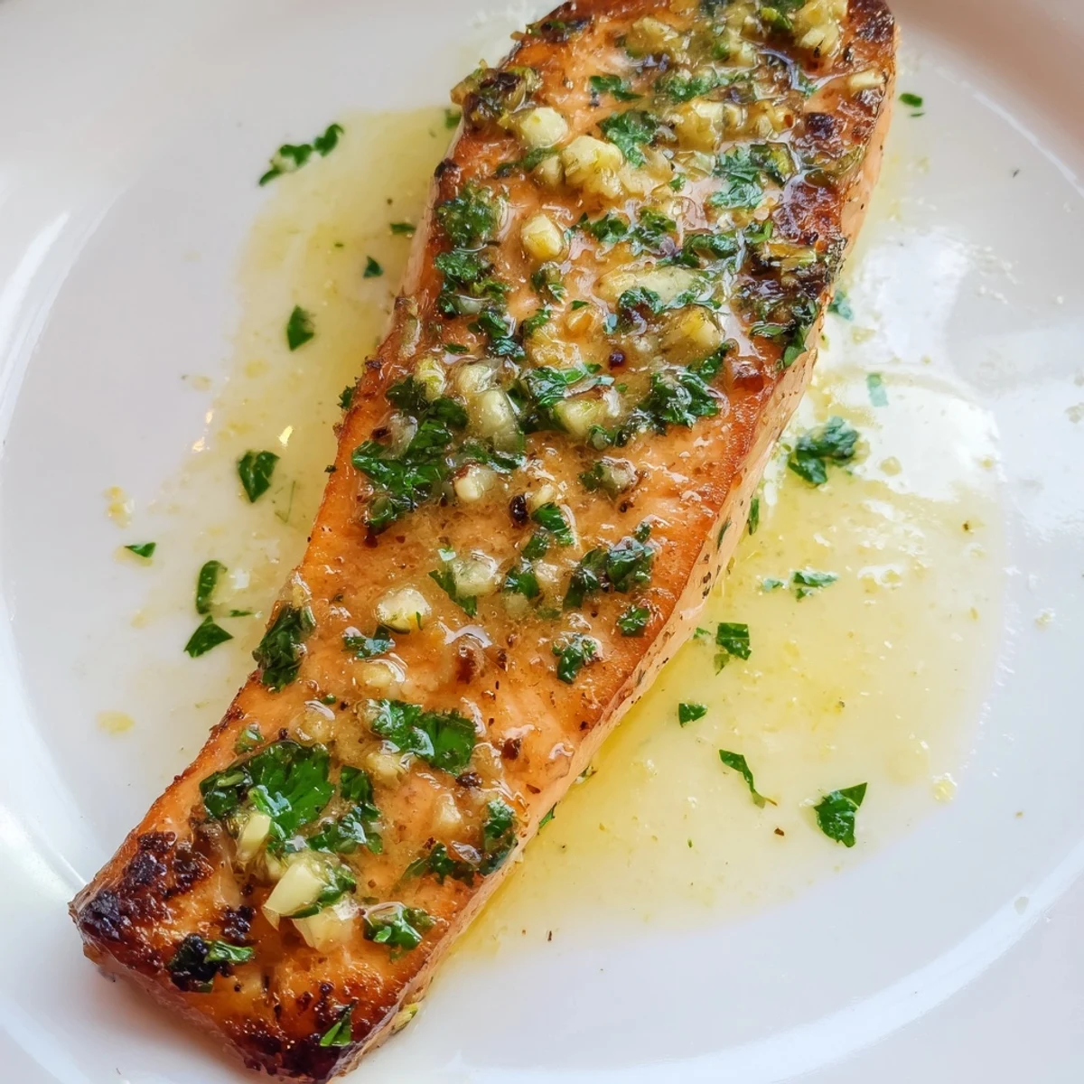 A close-up of tender Lemon Garlic Butter Salmon Fillets on a white plate, garnished with lemon slices and herbs.