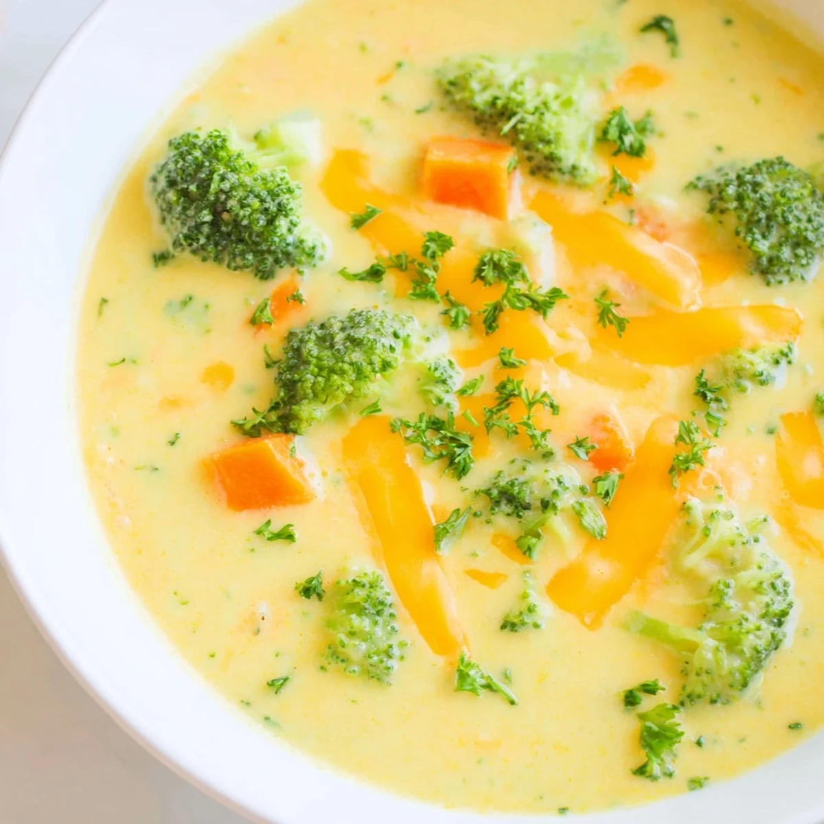 A close view of creamy broccoli cheddar soup with carrots and melted cheddar.