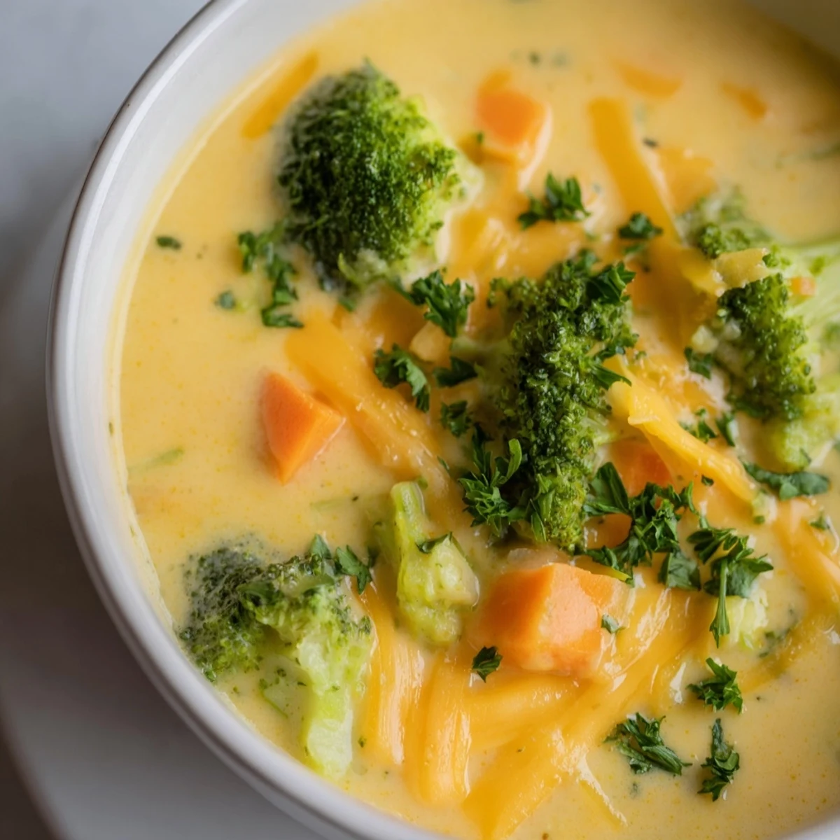 Creamy broccoli cheddar soup with carrots served steaming in a rustic bread bowl.
