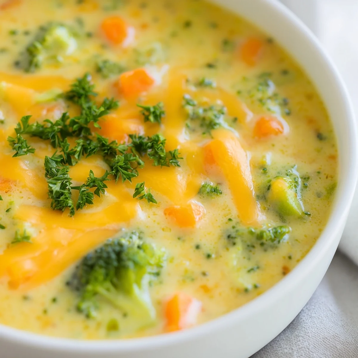 A bowl of creamy broccoli cheddar soup with carrots topped with fresh chives.