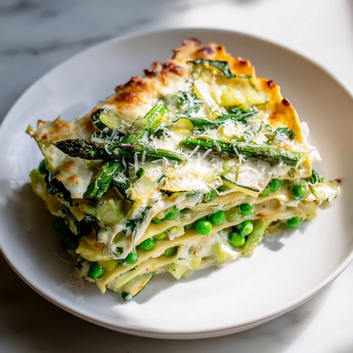 The baked Spring Vegetable Lasagna with White Sauce features bubbling mozzarella and golden béchamel on a rustic wooden table.