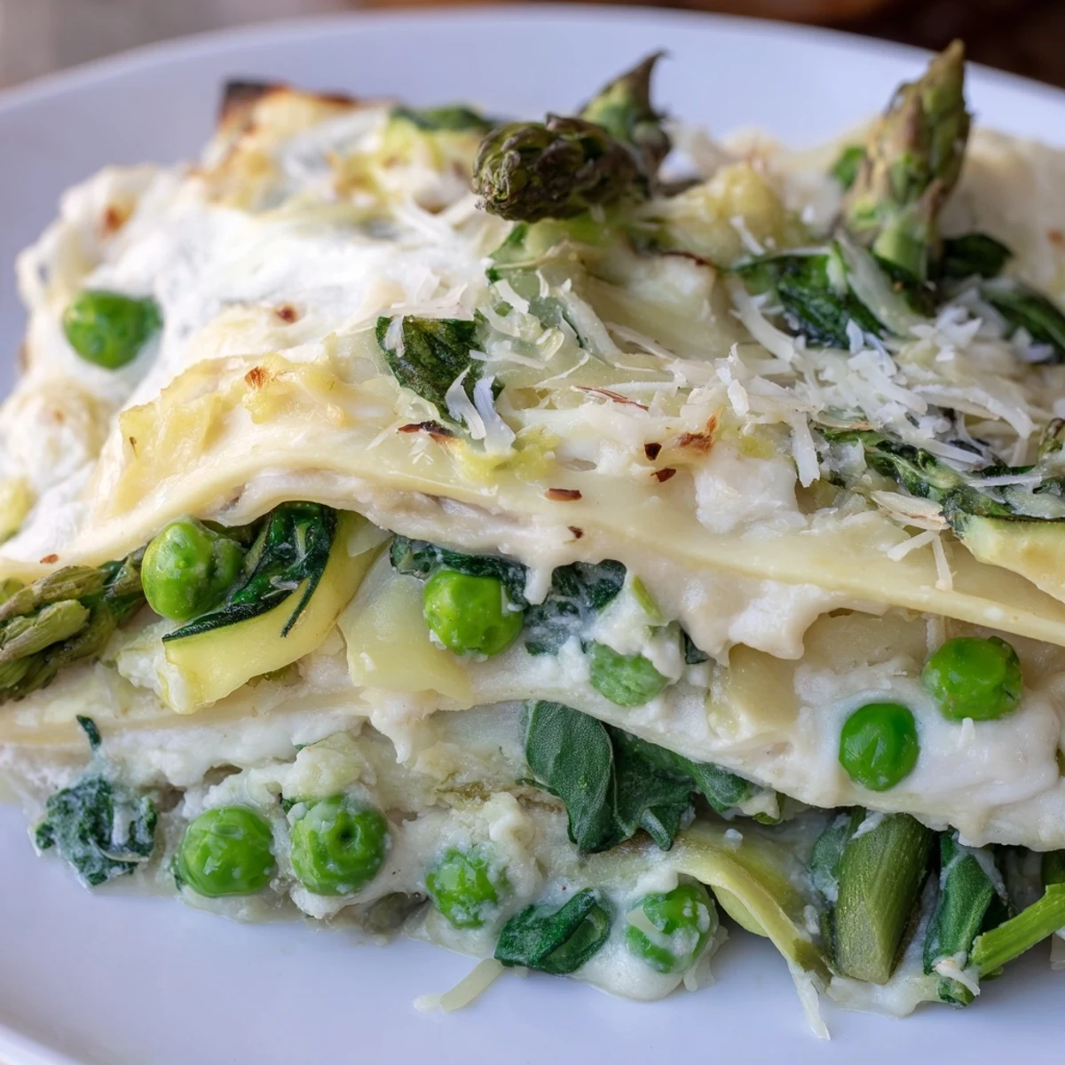 Slices of Spring Vegetable Lasagna with White Sauce show layers of asparagus, zucchini, and creamy ricotta filling.