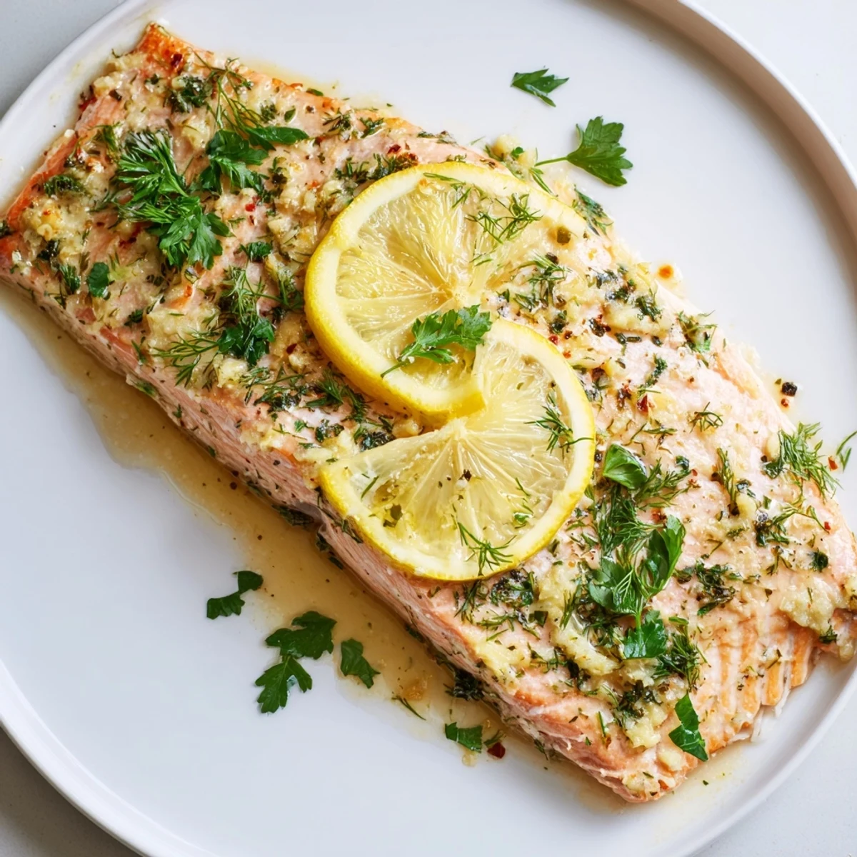 Golden brown Lemon Garlic Butter Salmon served on a white plate, garnished with fresh parsley and lemon wedges for dinner.