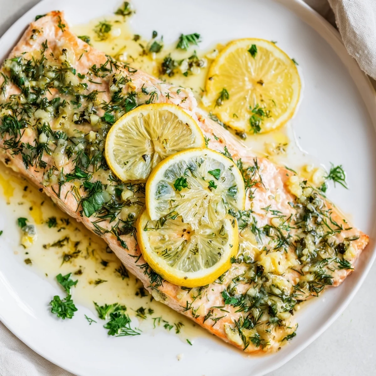 Close-up of baked Lemon Garlic Butter Salmon flaking with a fork, showing a juicy interior and vibrant herbs on top.