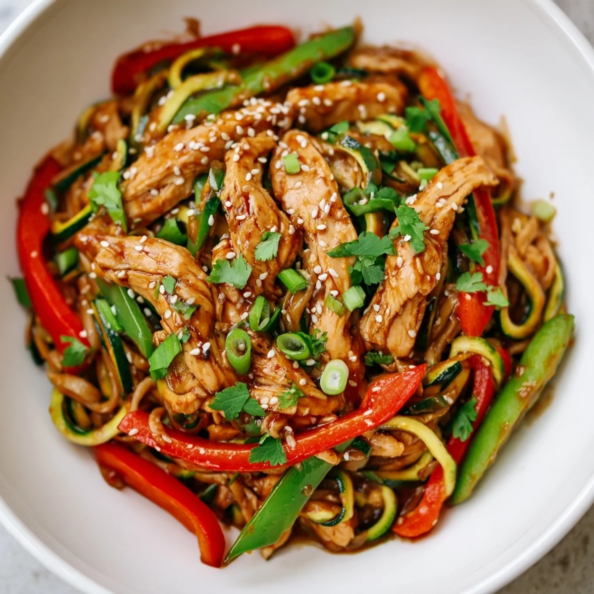 Golden seared chicken tossed with fresh zucchini noodles, snap peas, and red bell peppers in a rich garlic sauce.