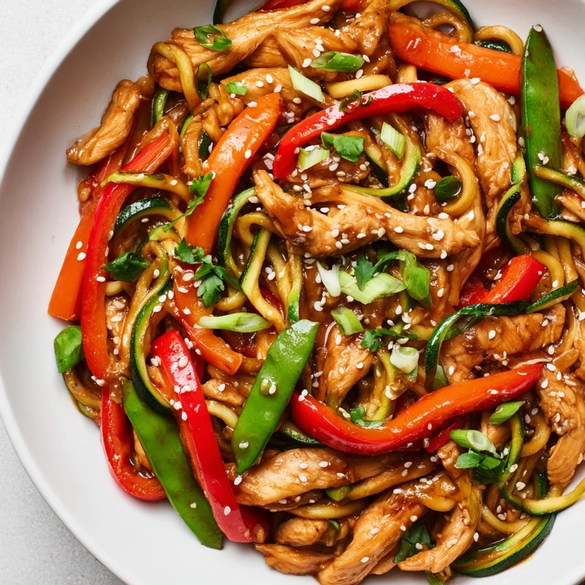 A close-up of Garlic Chicken Zucchini Noodles Stir Fry garnished with sesame seeds and fresh cilantro on a white plate.