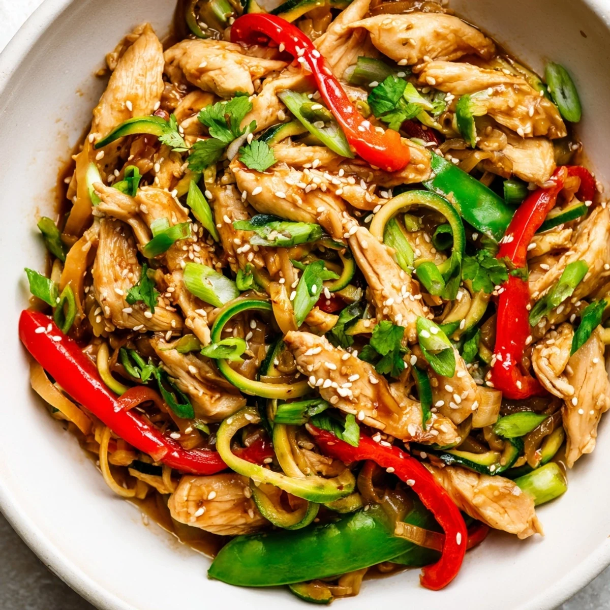 Savory Garlic Chicken Zucchini Noodles Stir Fry served hot in a skillet, highlighting tender veggies and a glossy sauce.