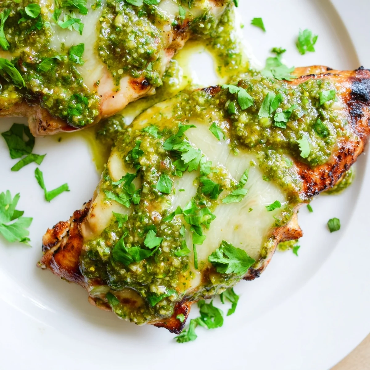 Juicy Grilled Salsa Verde Pepper Jack Chicken fresh off the grill with melted cheese and cilantro.