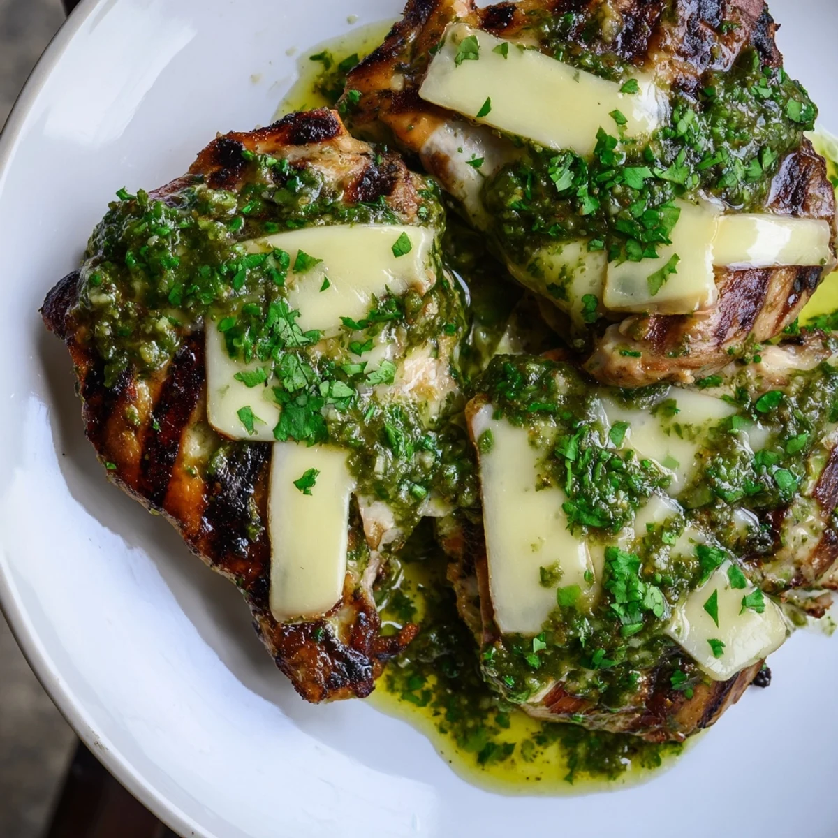 Close-up of Grilled Salsa Verde Pepper Jack Chicken topped with vibrant green salsa and lime wedges.