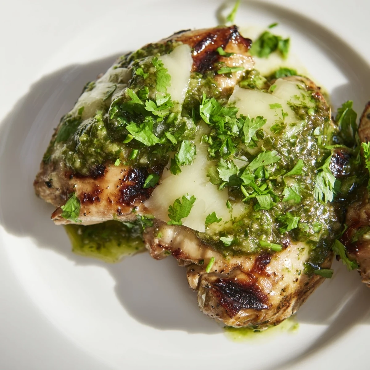 Sizzling Grilled Salsa Verde Pepper Jack Chicken served with avocado slices and diced tomatoes on a platter.