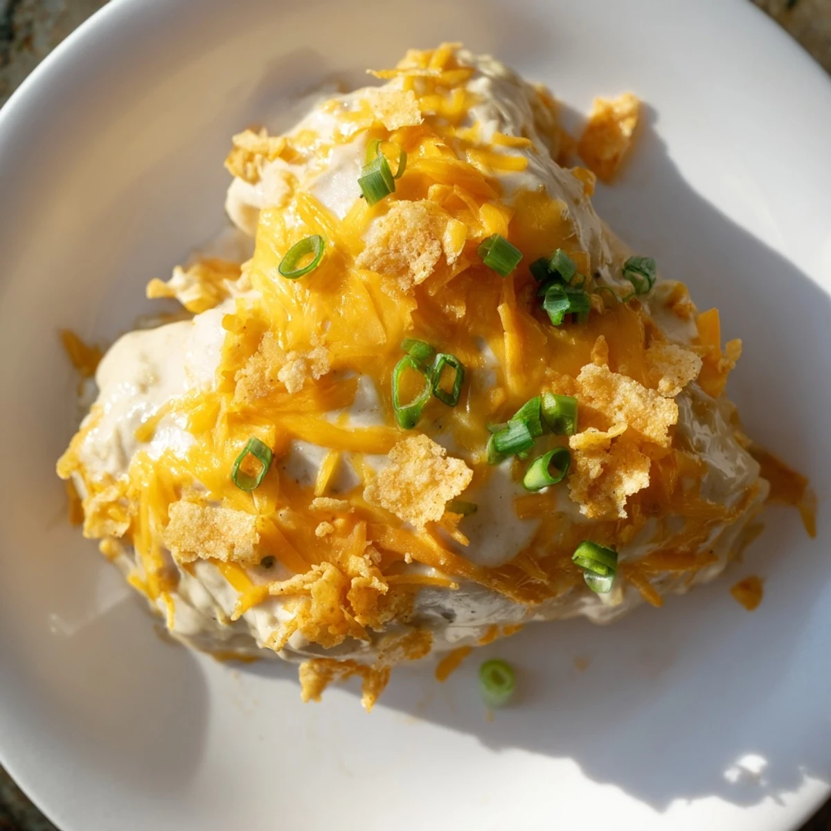 Tender chicken breasts are coated in rich sour cream and onion sauce, garnished with chopped green onions for a fresh bite.
