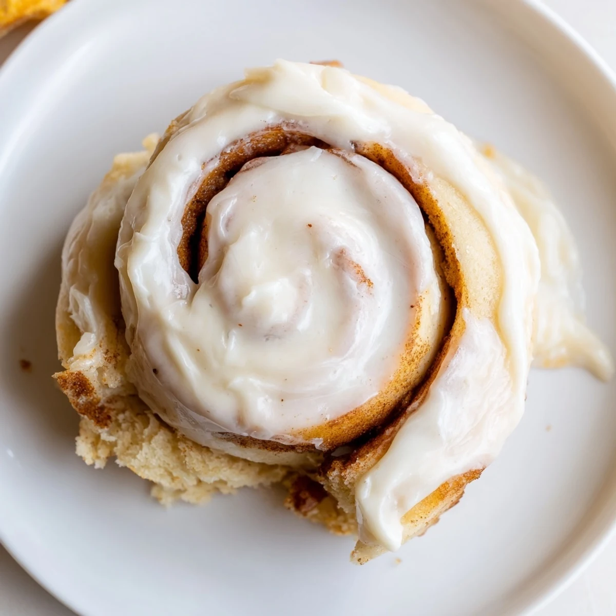 Freshly baked Keto Cinnamon Buns sit on a white ceramic plate, surrounded by a cozy kitchen backdrop.