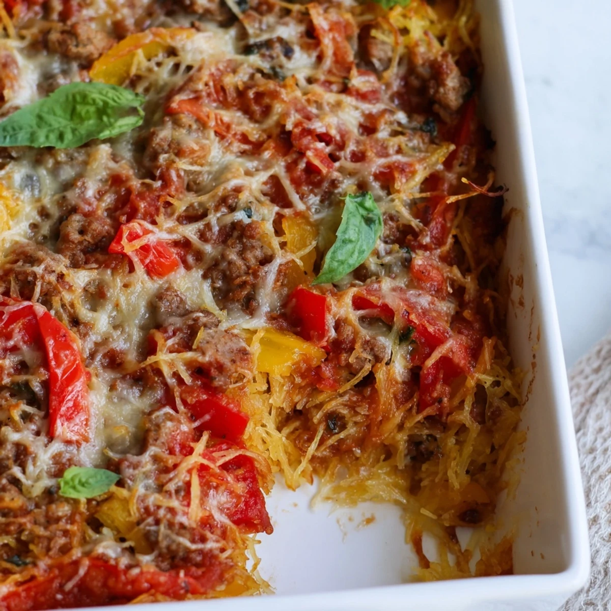 Steaming Sausage and Peppers Spaghetti Squash Casserole in a baking dish with melted cheese.