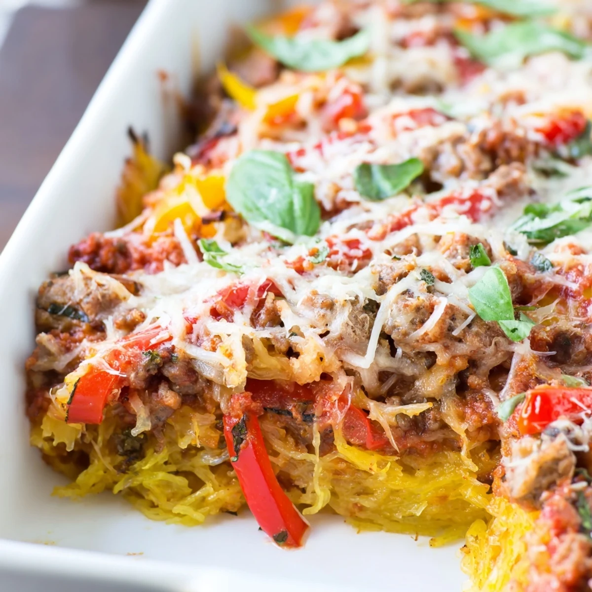 Sausage and Peppers Spaghetti Squash Casserole served on plates with fresh basil garnish.
