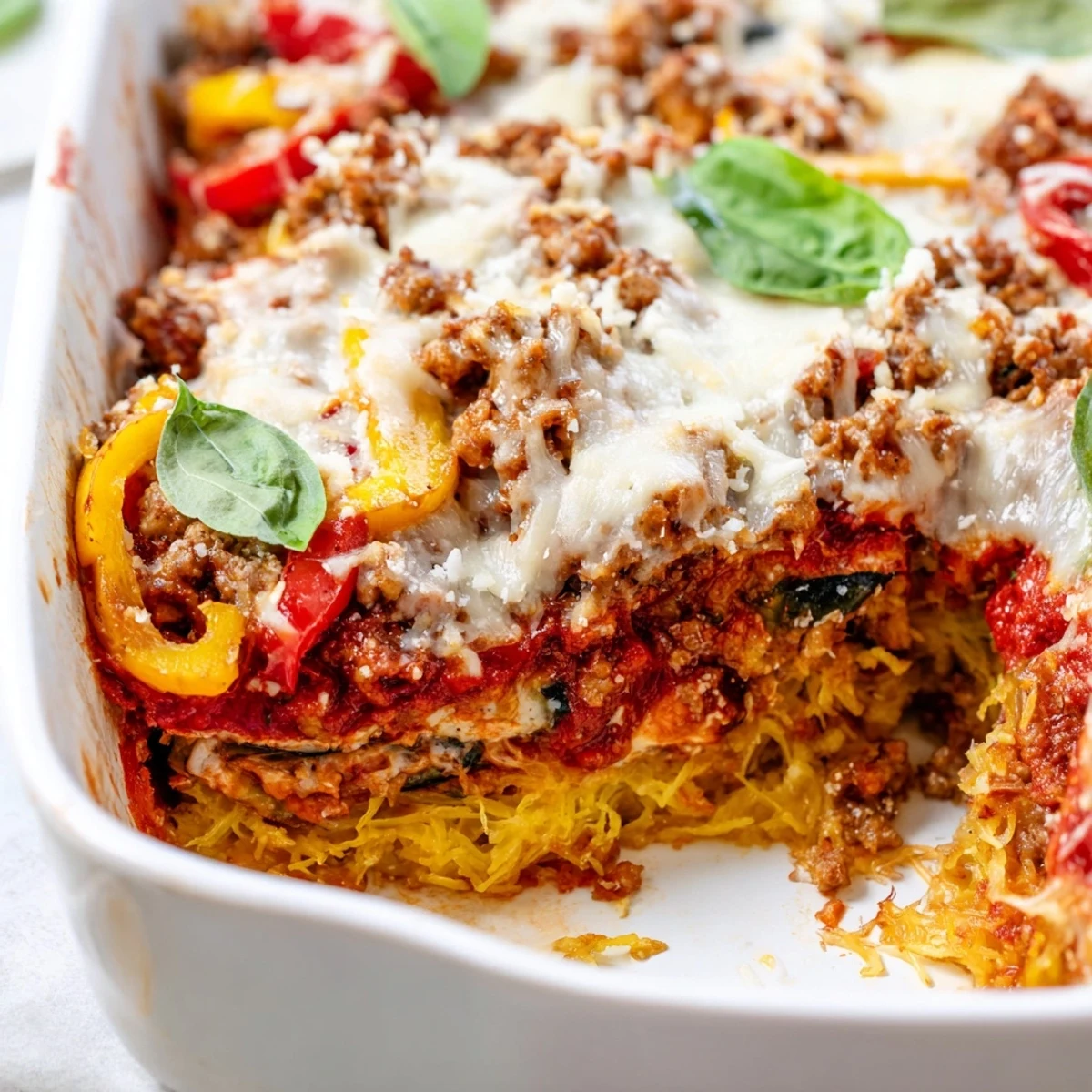 Golden Sausage and Peppers Spaghetti Squash Casserole on a rustic wooden table with marinara sauce.