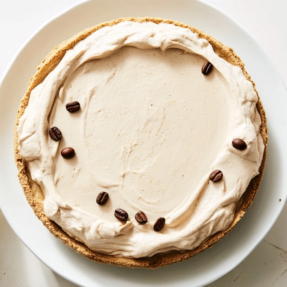 The Keto Cold Brew Coffee Pie rests on a wooden board, its whipped cream swirls and almond flour crust ready to serve after chilling.