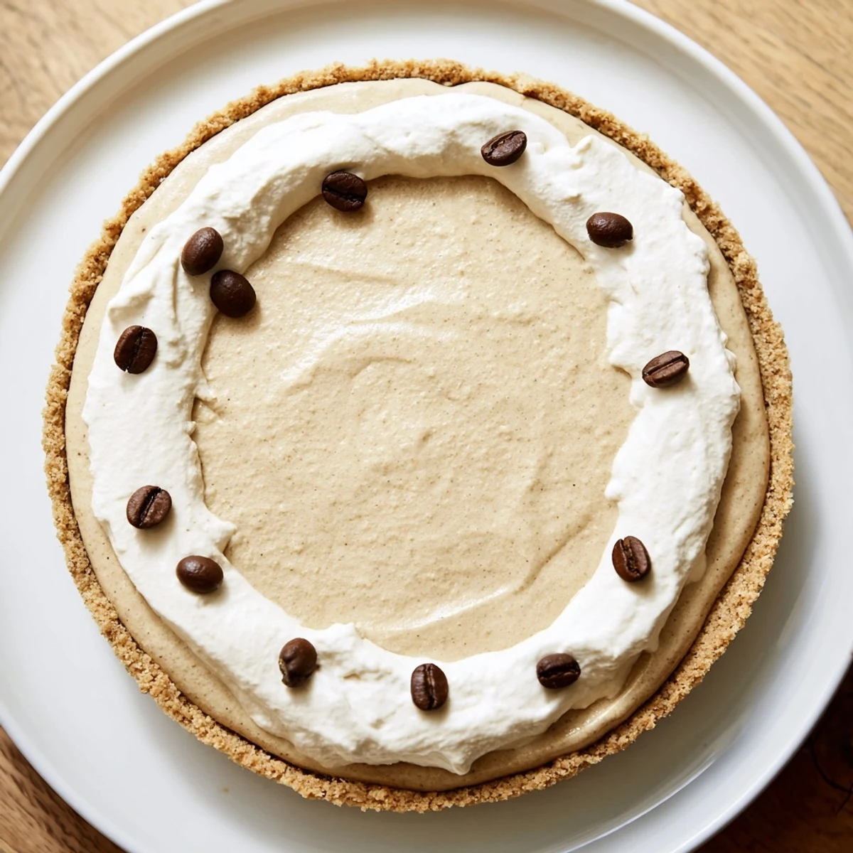 A creamy slice of Keto Cold Brew Coffee Pie on a plate with whipped cream topping and coffee beans garnish, showcasing the no-bake dessert in a crisp almond flour crust.