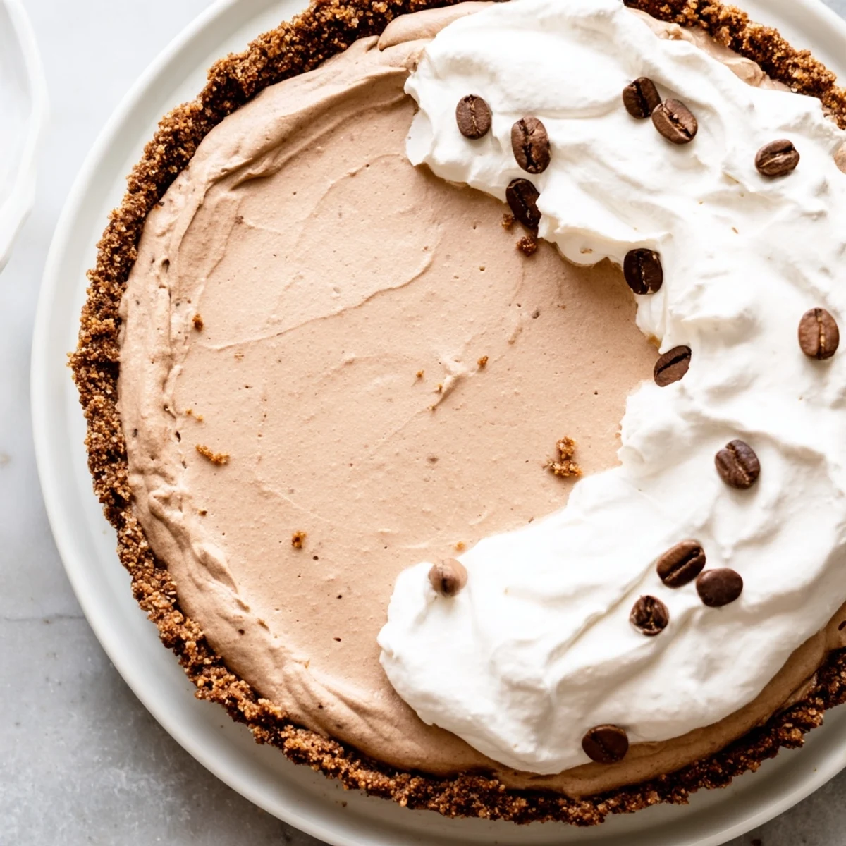 Close-up of a chilled Keto Cold Brew Coffee Pie slice with rich coffee filling, powdered erythritol topping, and a dusting of cocoa powder.