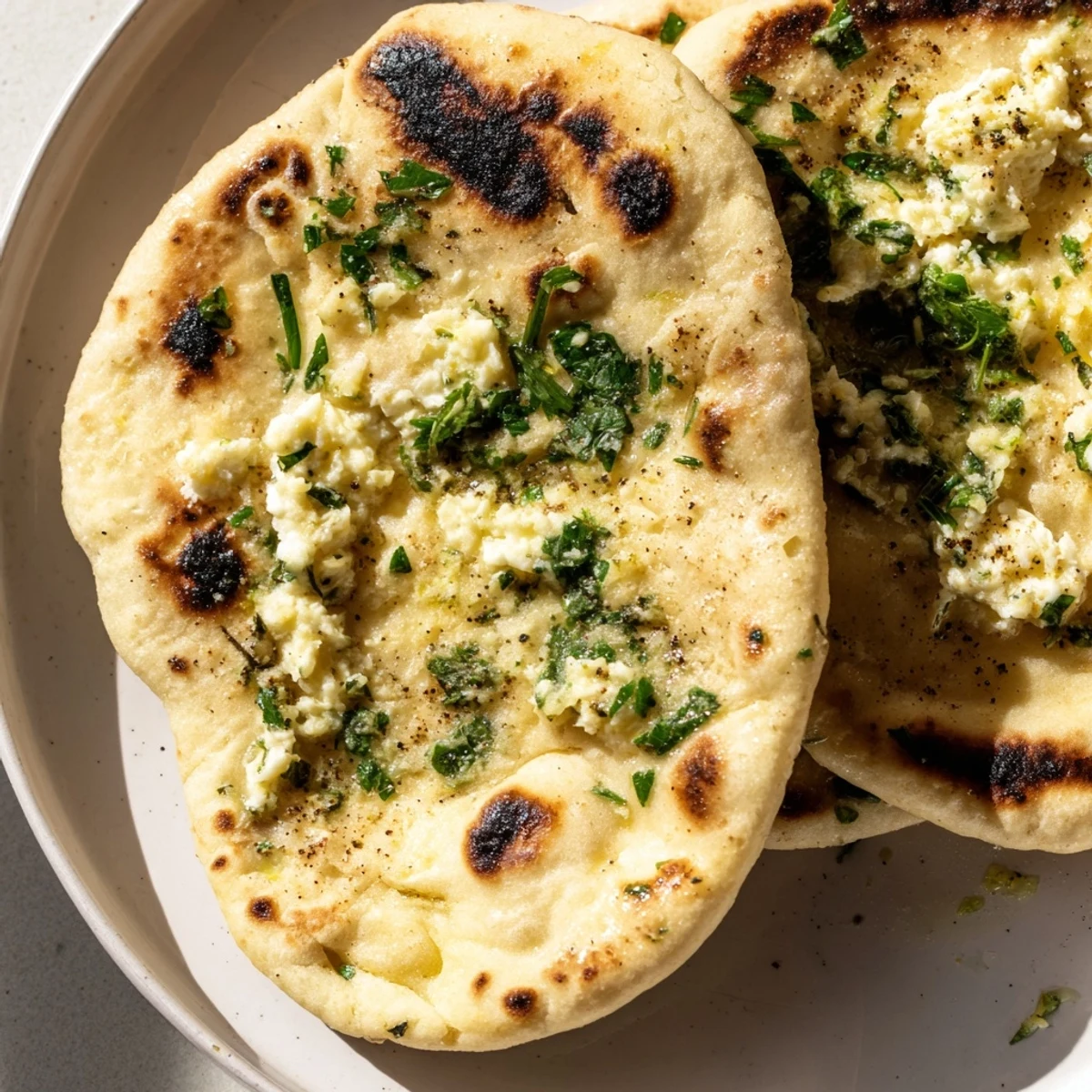 A warm, pillowy Cottage Cheese Garlic Naan stuffed with creamy cottage cheese and fresh cilantro.  