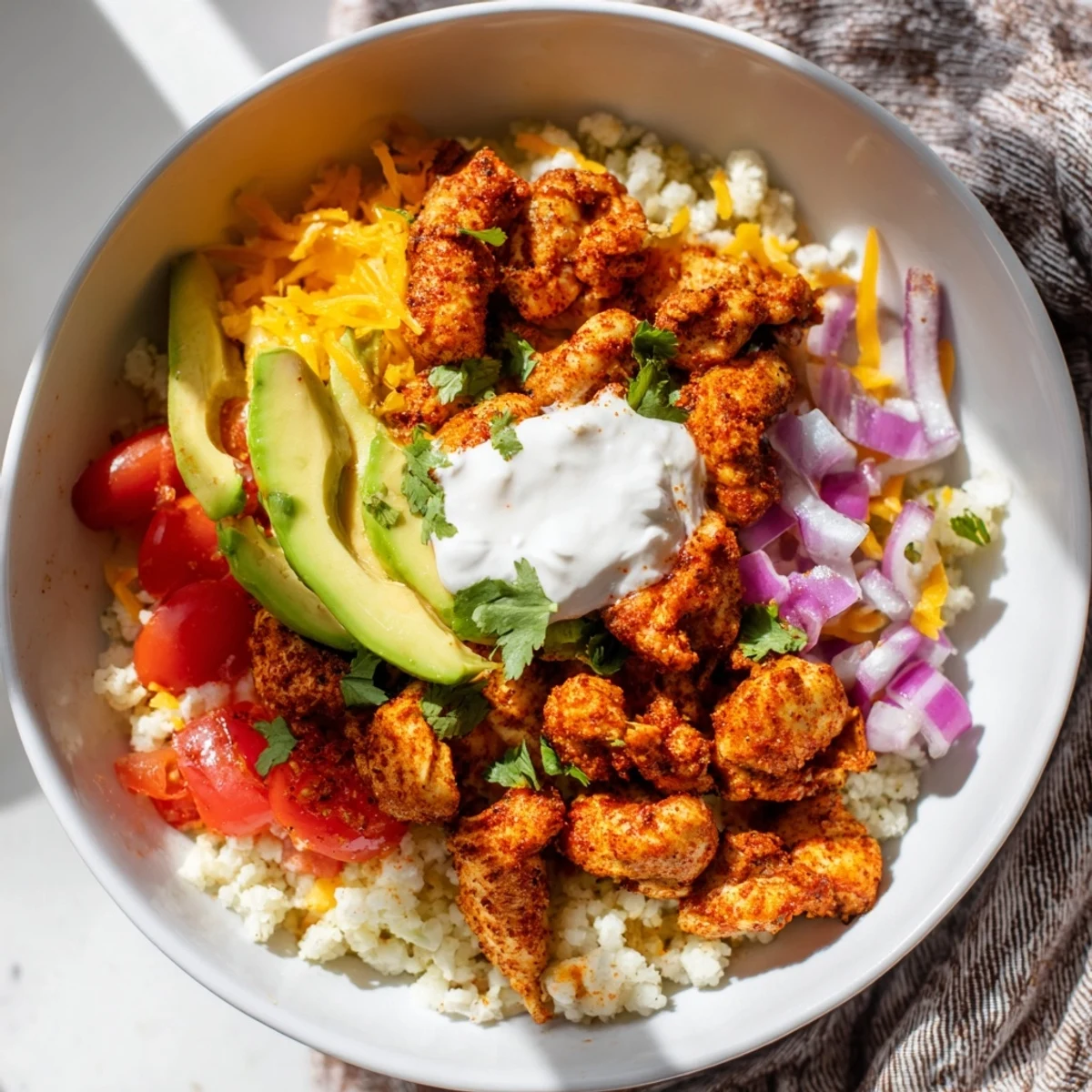Steaming Low Carb Burrito Bowl featuring tender chicken, vibrant bell peppers, onions, and melted cheese, served on cauliflower rice.