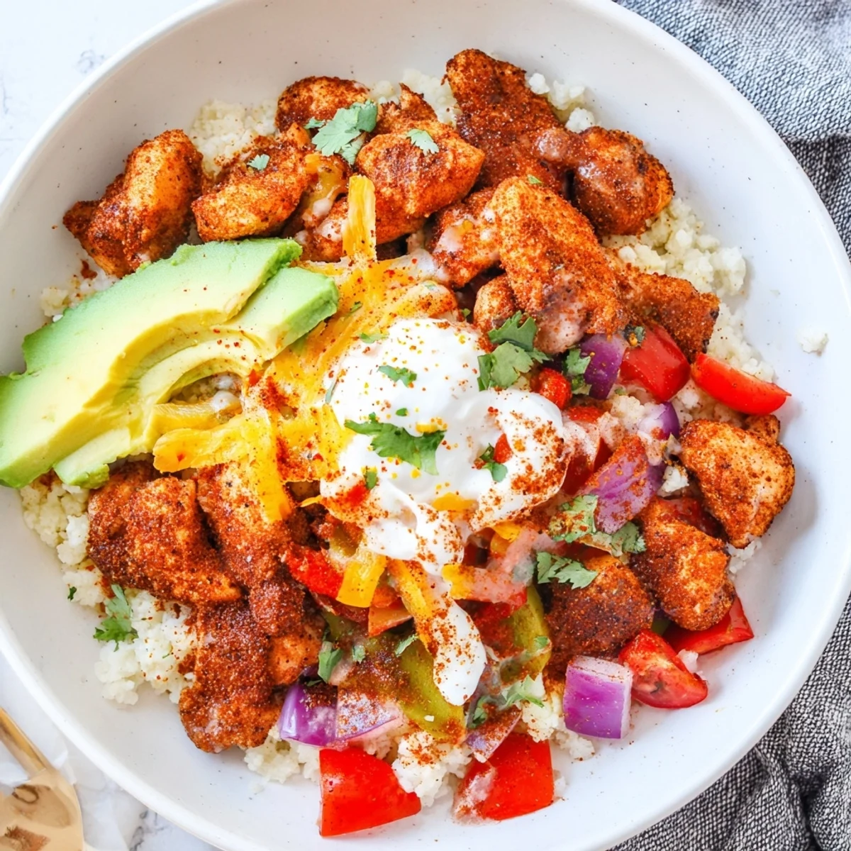 Colorful Low Carb Burrito Bowl with seasoned chicken, riced cauliflower, fresh avocado slices, and zesty salsa on top.