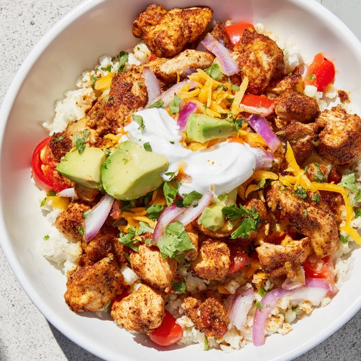 A Low Carb Burrito Bowl garnished with creamy sour cream, chopped cilantro, and lime wedges for a fresh finish.