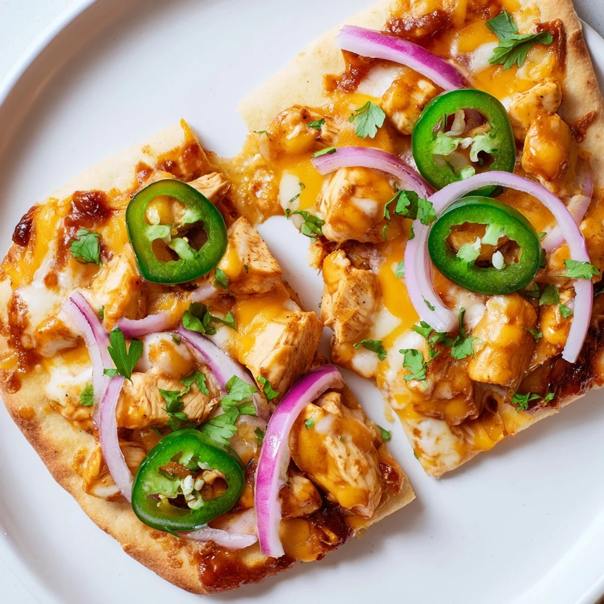Golden BBQ Chicken Flatbread with melted cheese, sliced red onion, and fresh cilantro on a rustic wooden table.