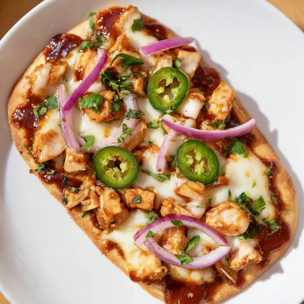 BBQ Chicken Flatbread on a white ceramic plate with jalapeños and extra sauce drizzle, ready to serve.