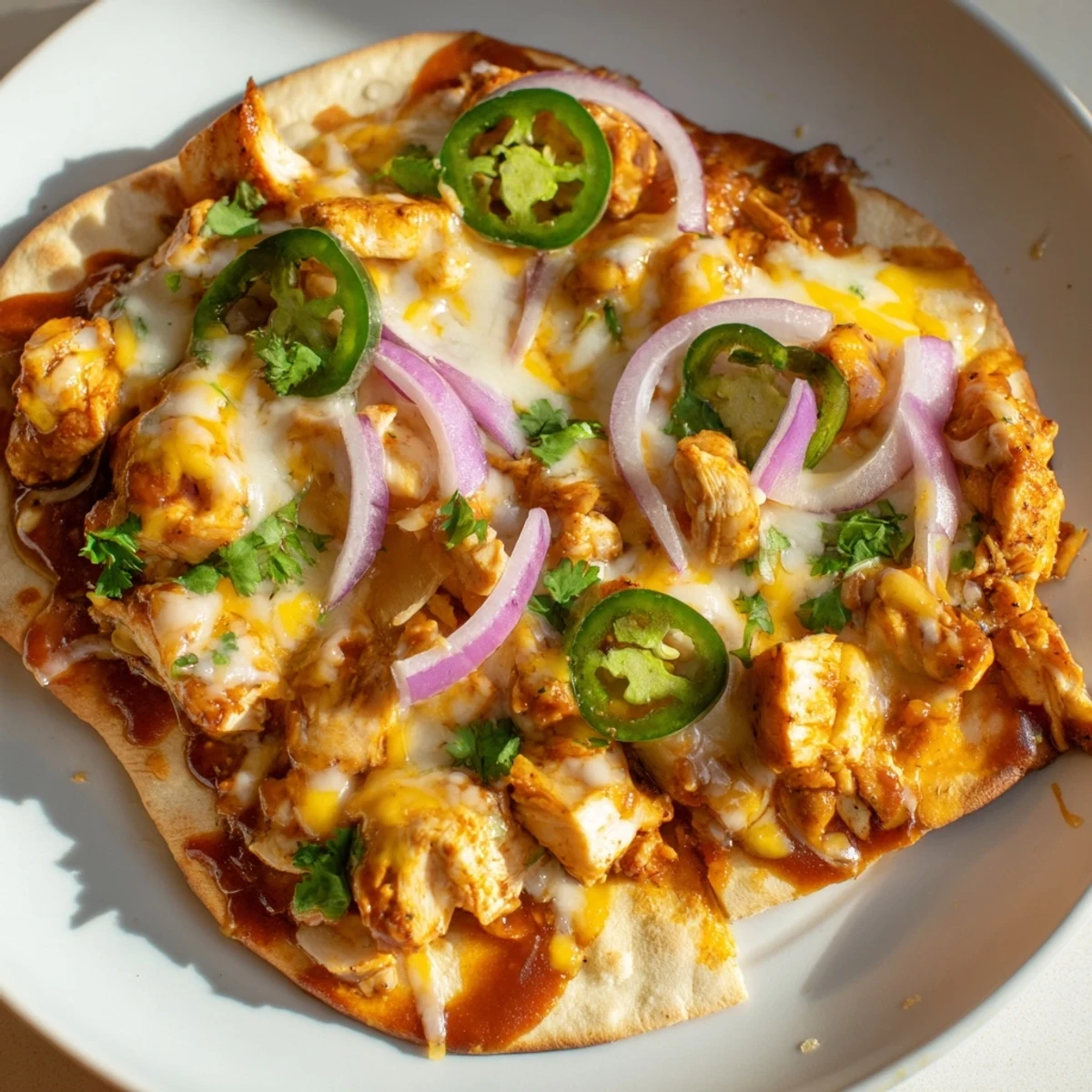 Close-up of BBQ Chicken Flatbread showing juicy chicken, bubbly mozzarella, and cheddar on a crispy baked crust.