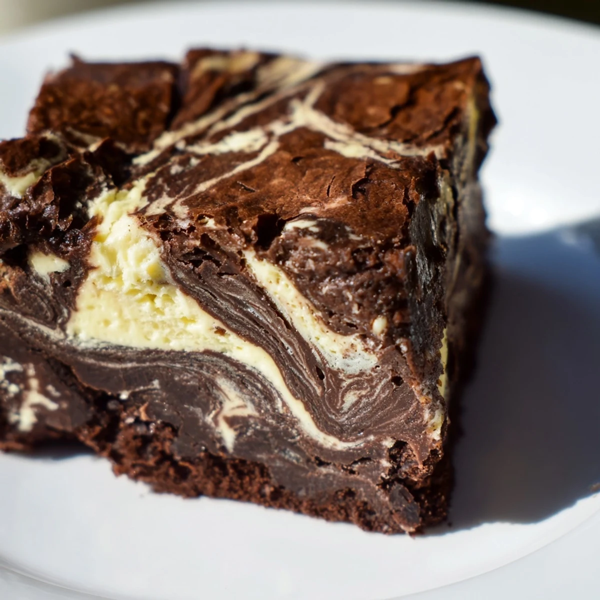 Golden-brown Cottage Cheese Brownies with a visible creamy swirl on a marble counter next to a glass of milk.