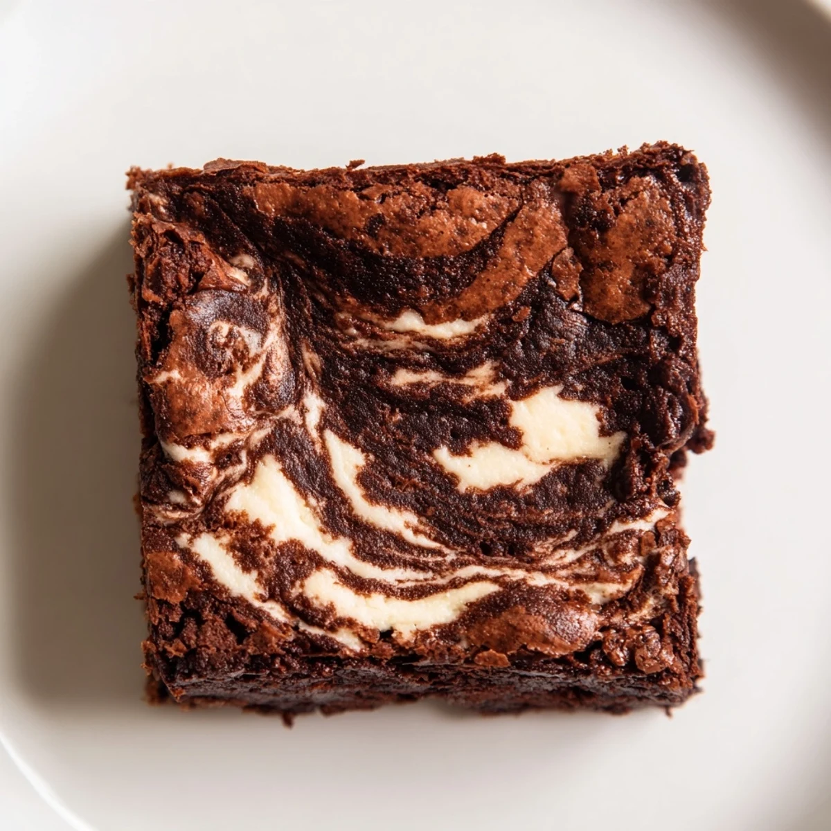 A close-up of fudgy Cottage Cheese Brownies showing a moist crumb and a marbled cottage cheese topping on a white plate.