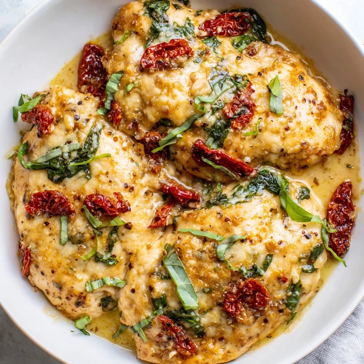 Golden baked chicken breasts in creamy, cheesy Marry Me Low Carb Chicken Casserole with spinach and sun-dried tomatoes.