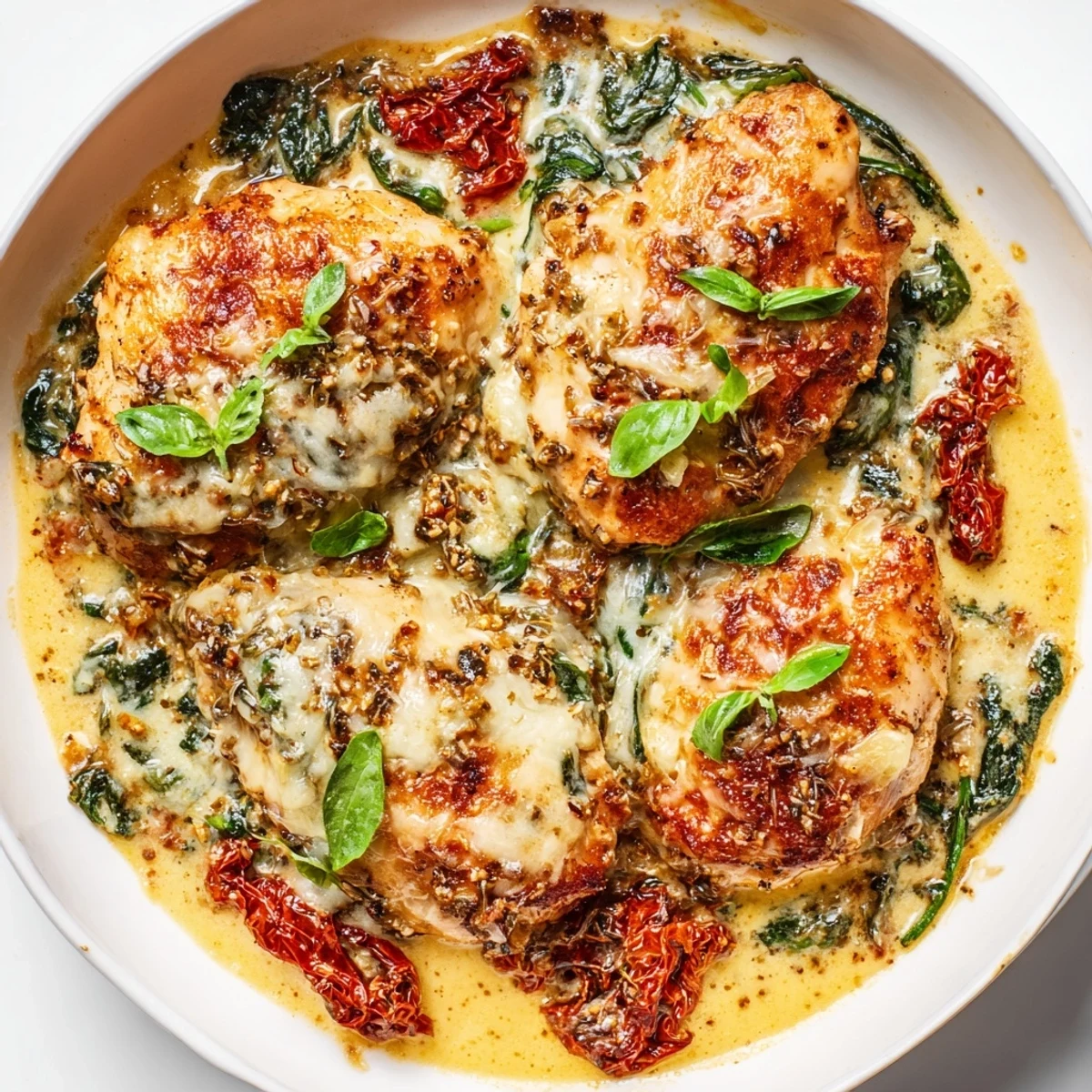 Sliced Marry Me Low Carb Chicken Casserole revealing tender chicken, wilted spinach, and melted mozzarella in a rich sauce.