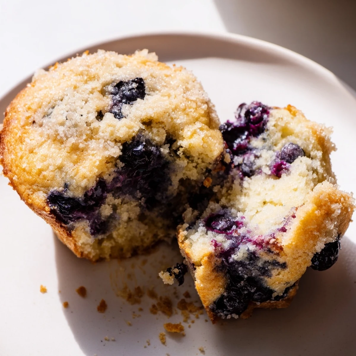 Freshly baked Sourdough Blueberry Muffins with golden tops and juicy berries.