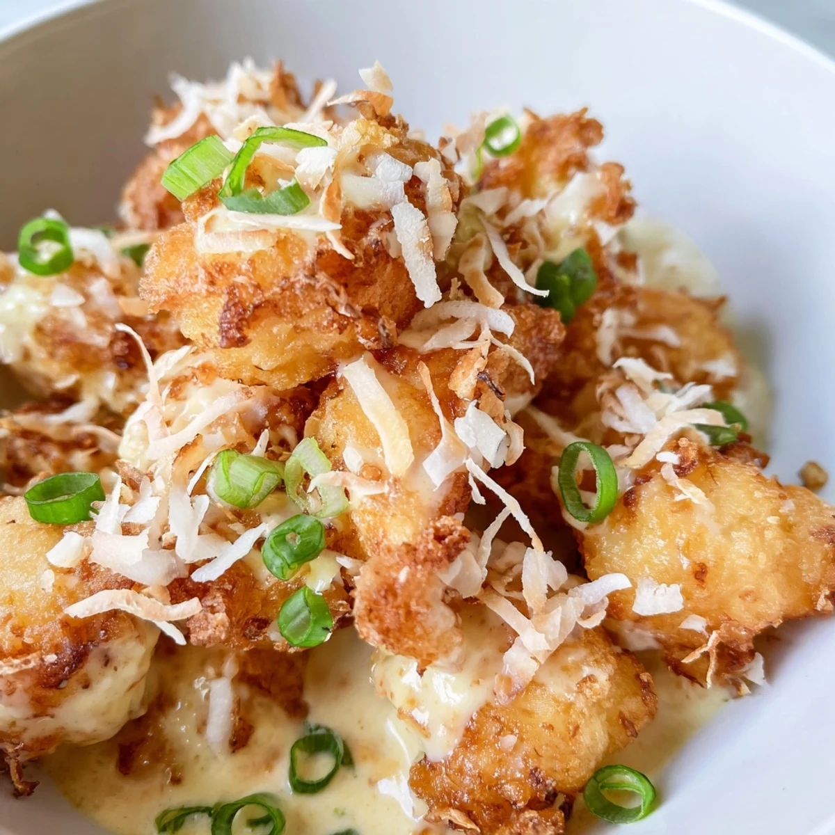 Close-up of battered Chinese Coconut Shrimp with toasted coconut and sweet drizzle, served alongside steamed jasmine rice.