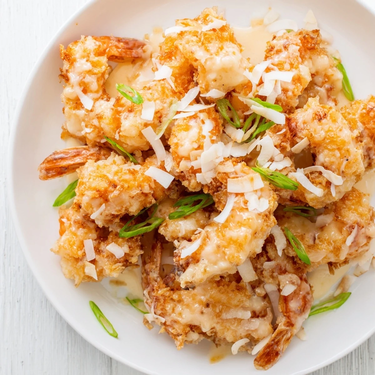 Golden crispy Chinese Coconut Shrimp tossed in creamy coconut sauce garnished with green onions on a white plate.