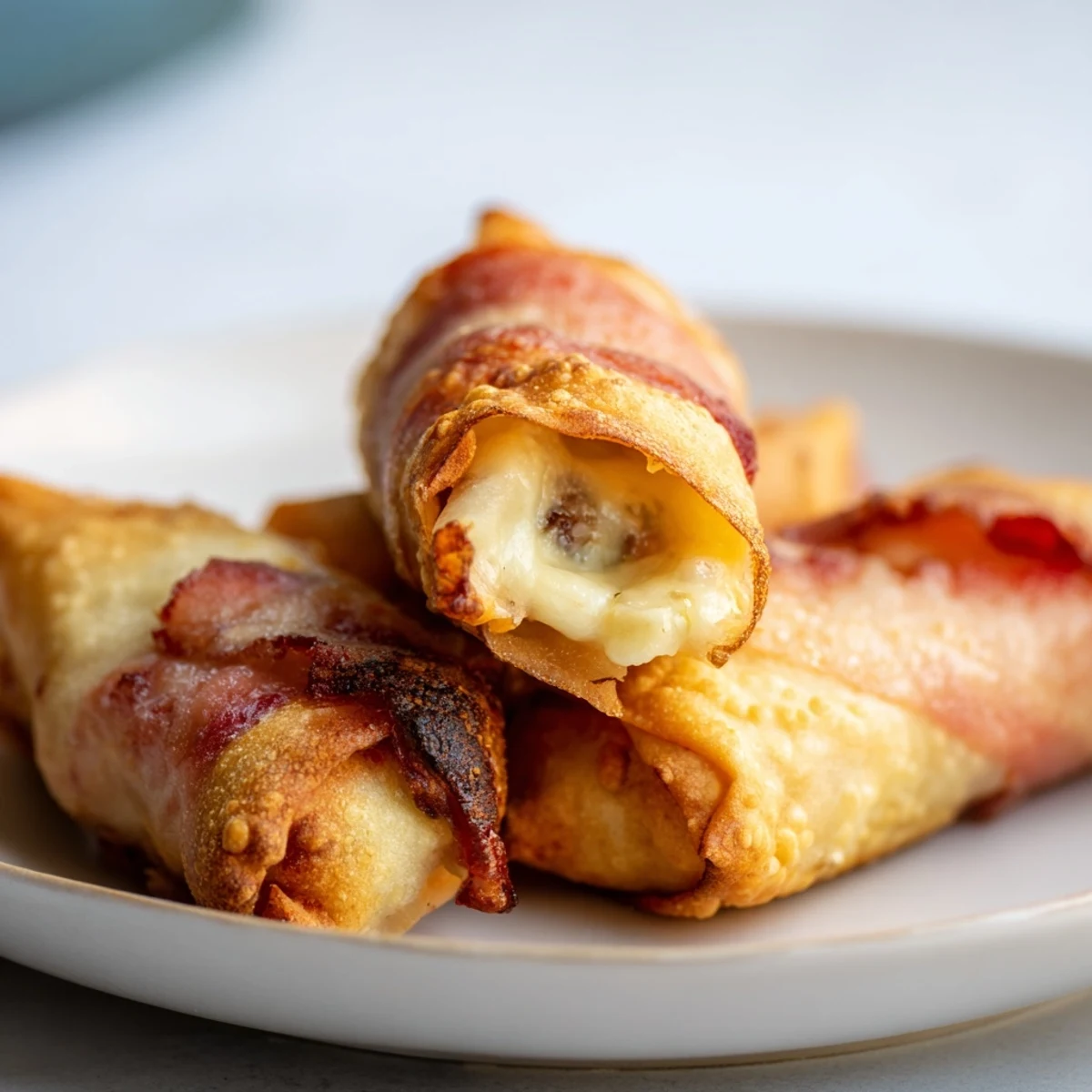 Hot Bacon Jalapeno Popper Eggrolls on a plate with a side of blue cheese dipping sauce for game day.