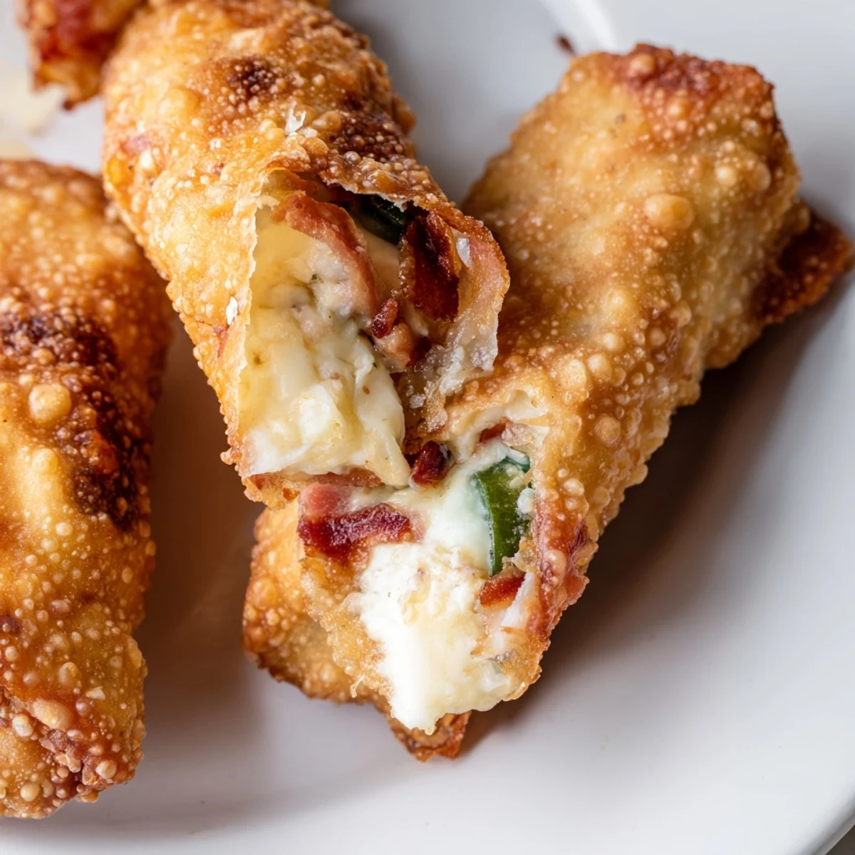 Golden brown Bacon Jalapeno Popper Eggrolls resting on a cooling rack beside a small bowl of ranch dip.