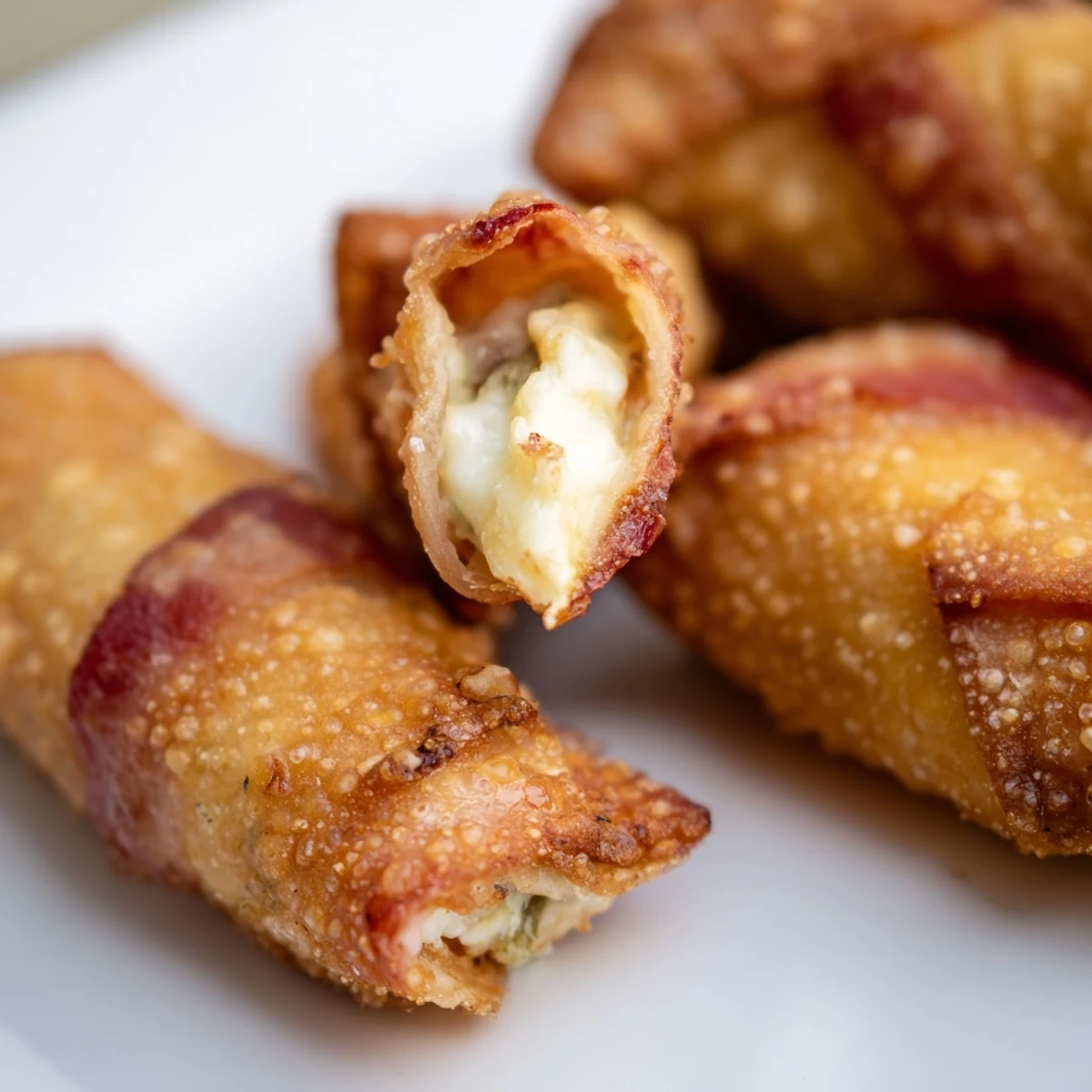 Freshly fried Bacon Jalapeno Popper Eggrolls showcasing crispy wrappers and a creamy cheese filling with smoky bacon.