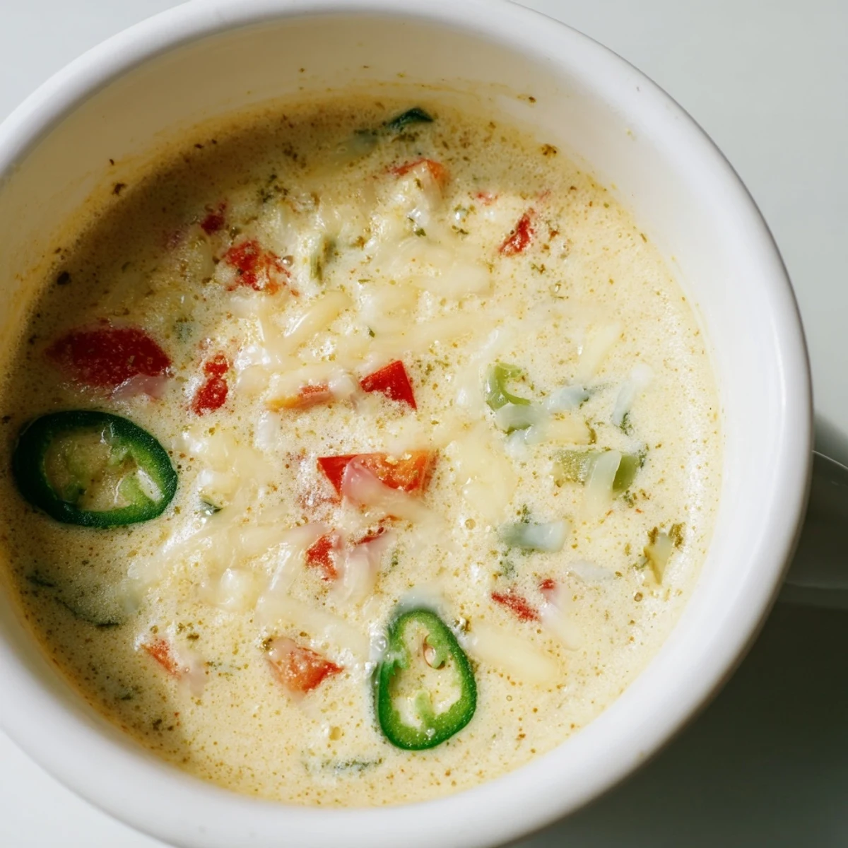Close-up on creamy Spicy Jalapeño Popper Soup with a dollop of melted cheese, paired with crispy grilled cheese strips for dipping.